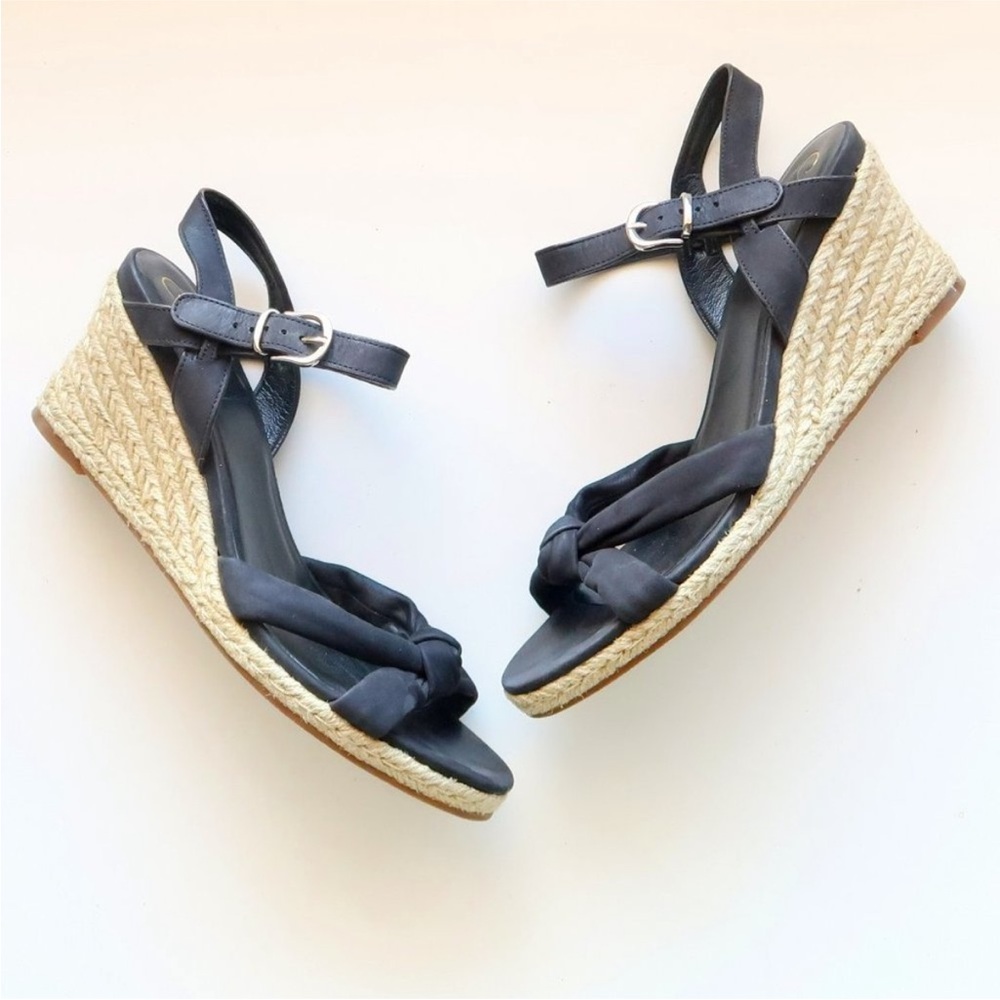 Cole Haan Black Nubuck Leather Strappy Espadrille Wedge Sandals Size9